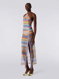 Abito copricostume lungo stampa zig zag con frange