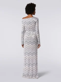 Abito lungo in maglia zig zag con applicazione di paillettes