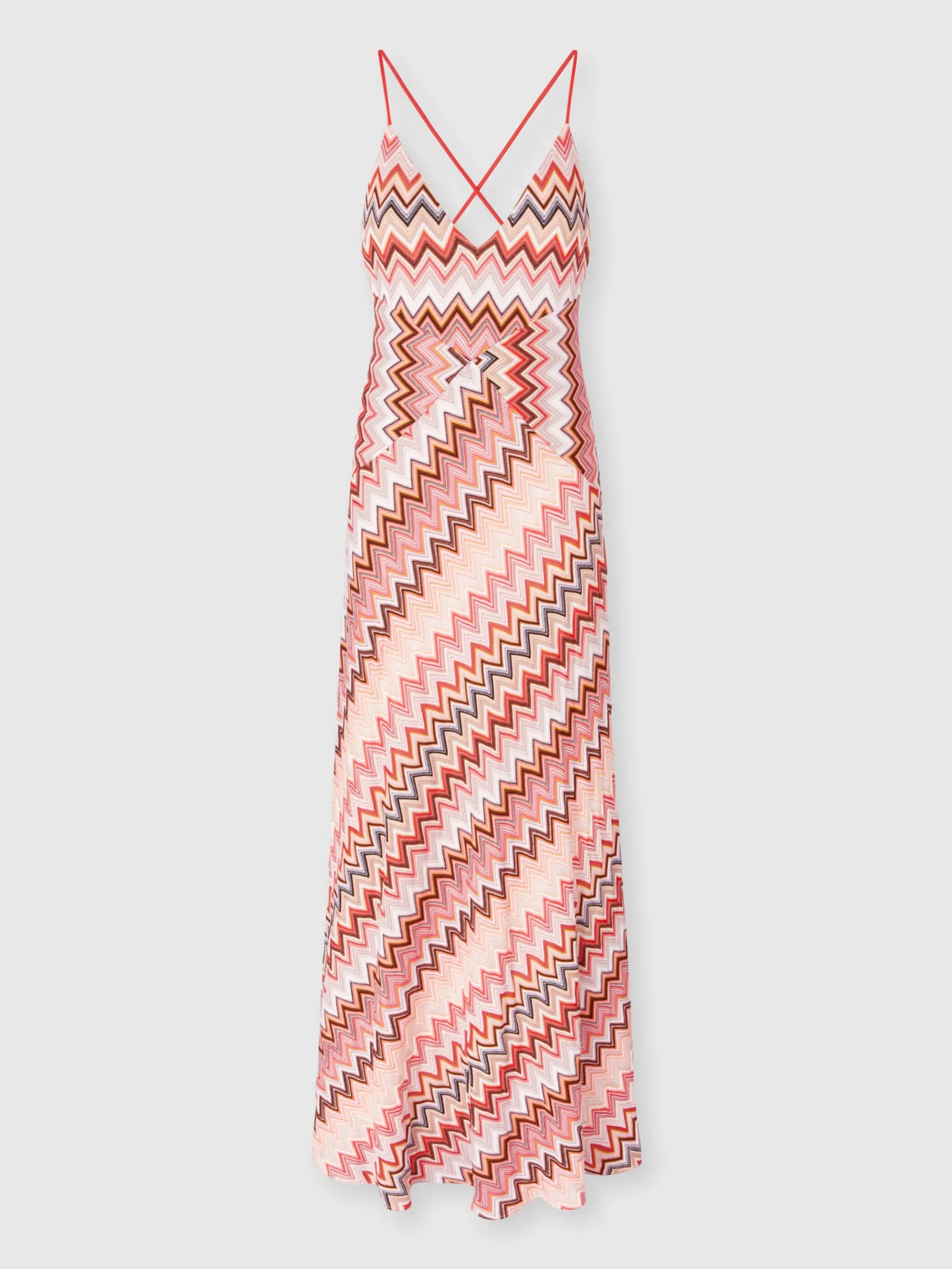 Abito lungo patchwork con motivo zig zag e spalline incrociate