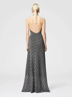 Abito lungo zig zag lamé con scollatura all'americana