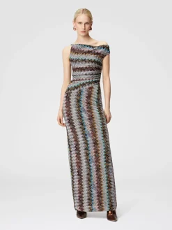 Abito lungo zig zag lamé con scollatura asimmetrica