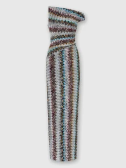 Abito lungo zig zag lamé con scollatura asimmetrica