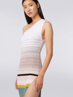 Abito monospalla in maglia a costine rigata con lurex