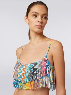 Bikini in tessuto stretch stampato con top frange