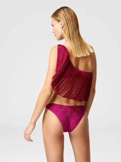 Bikini monospalla in viscosa zig zag lamé con frange