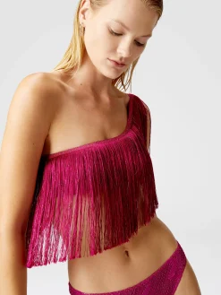 Bikini monospalla in viscosa zig zag lamé con frange