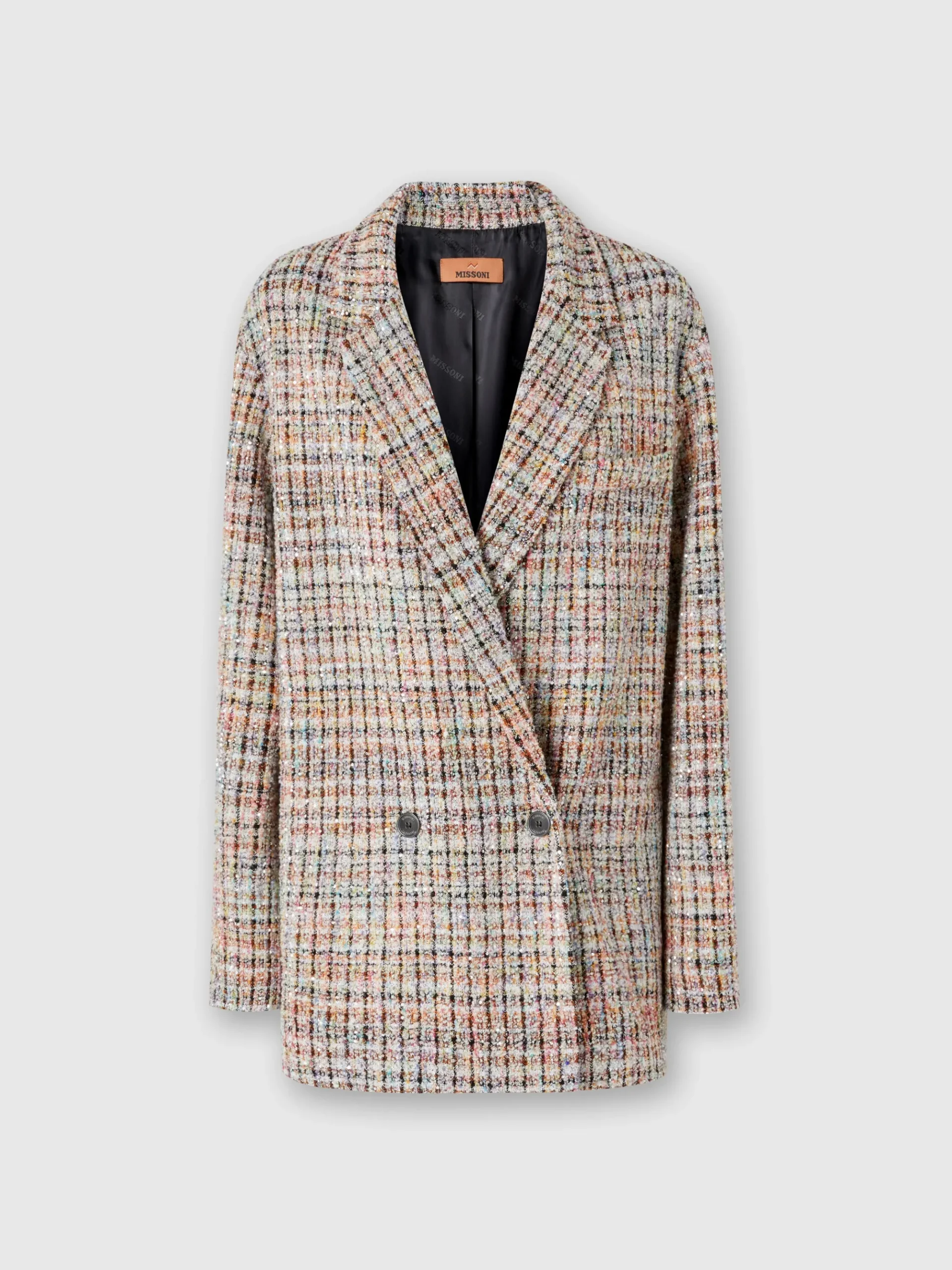 Blazer doppiopetto a quadretti bouclé con paillettes