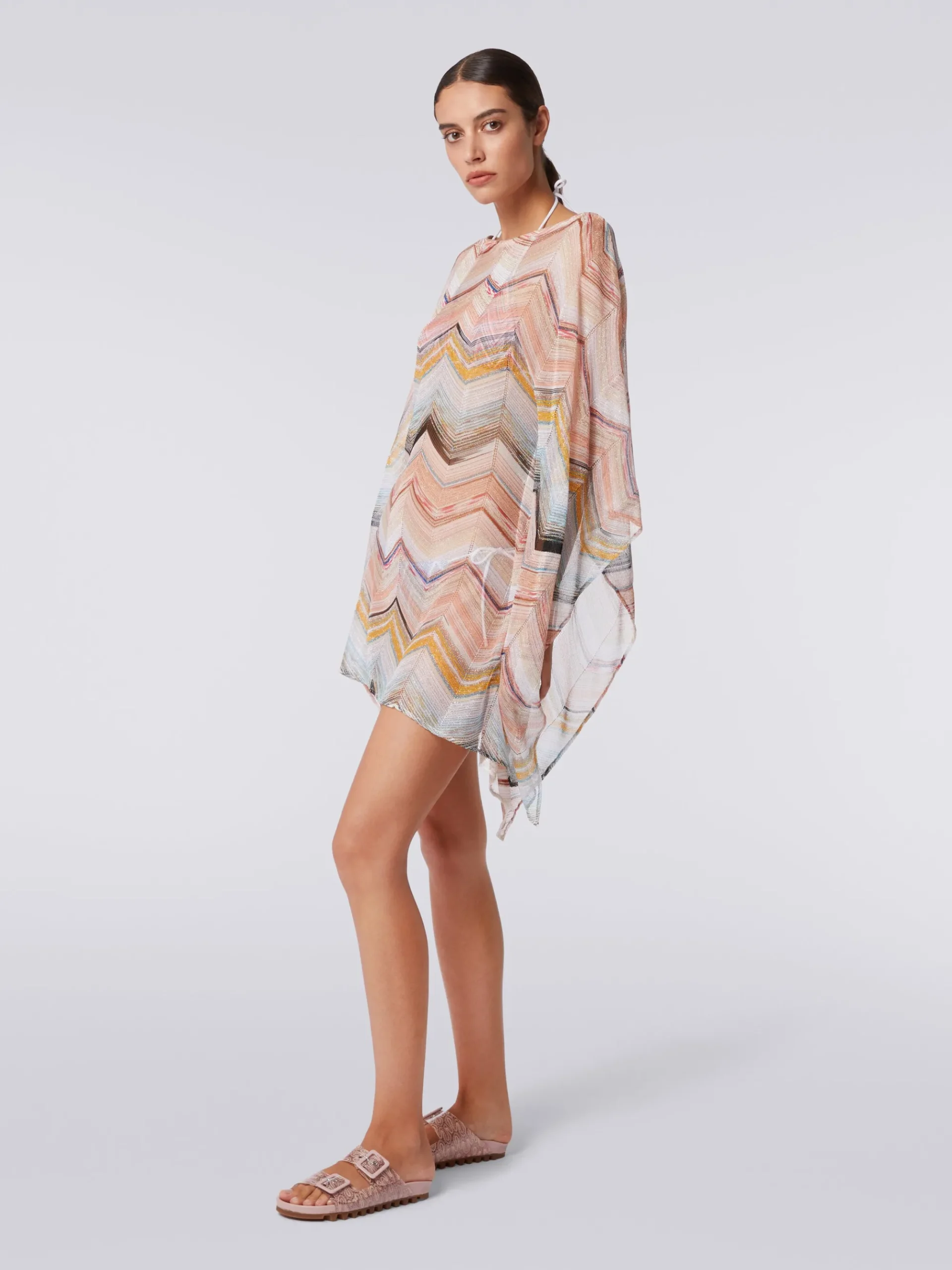 Caftano copricostume corto in misto viscosa zig zag con lurex