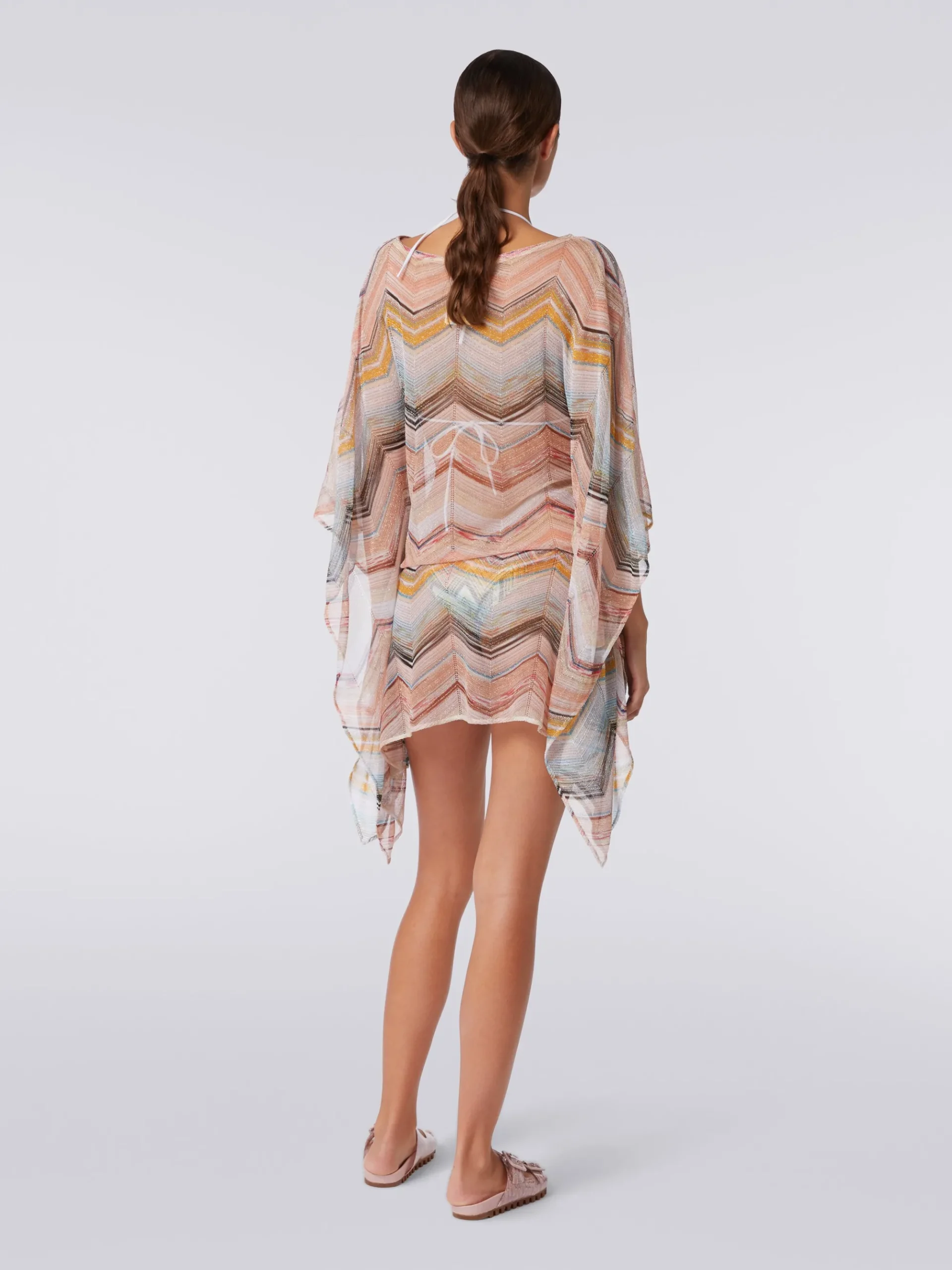 Caftano copricostume corto in misto viscosa zig zag con lurex