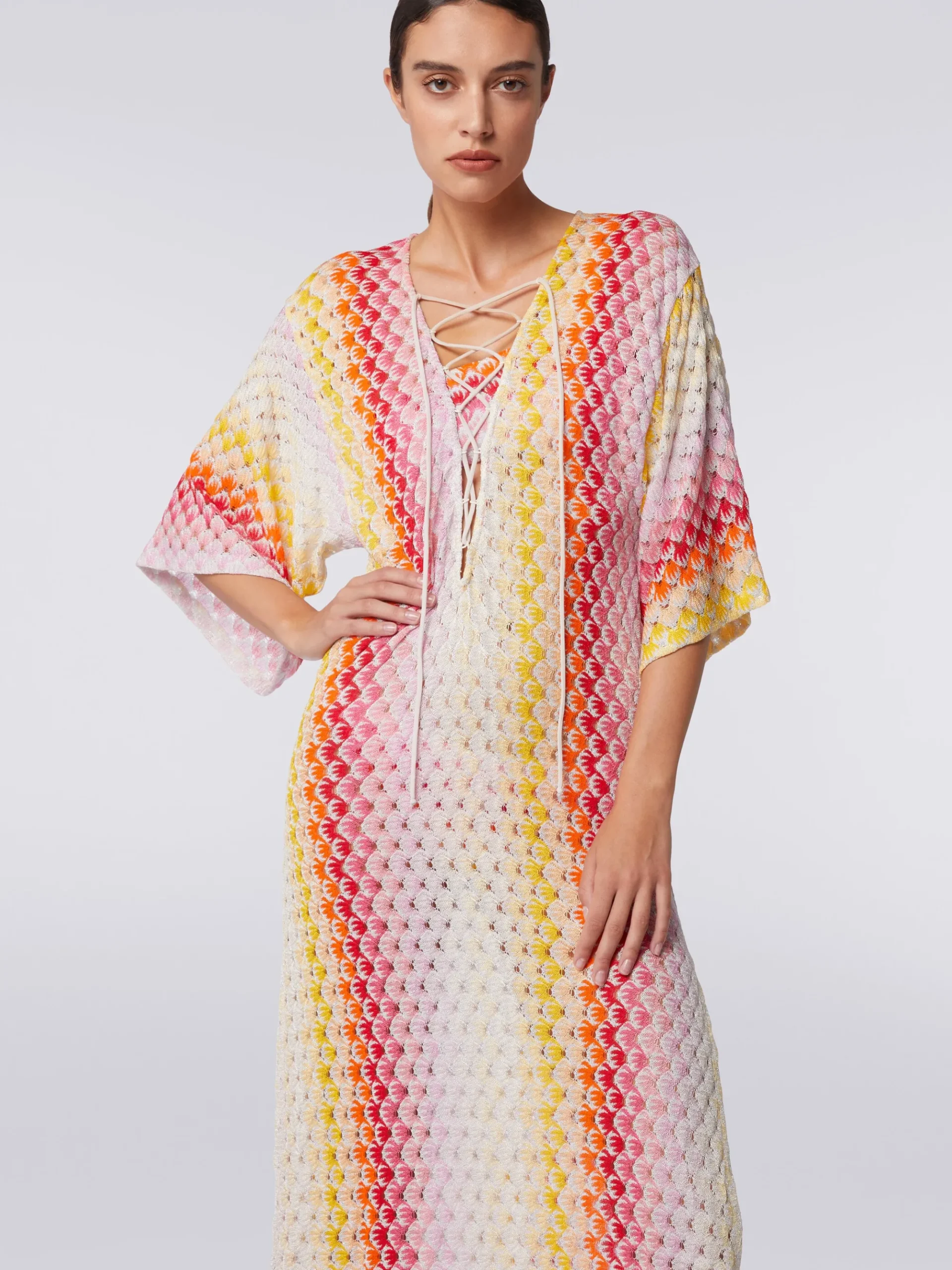 Caftano copricostume lungo effetto pizzo dégradé con lurex