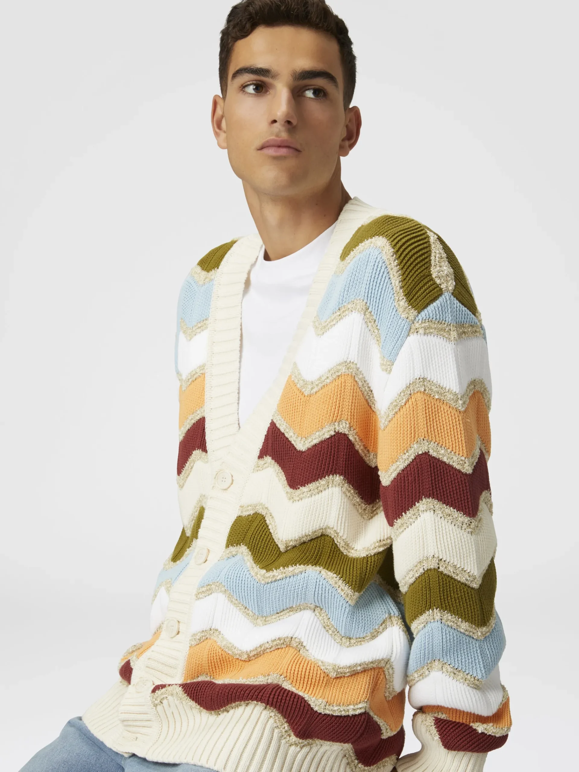Cardigan con macro zig zag e dettagli mélange