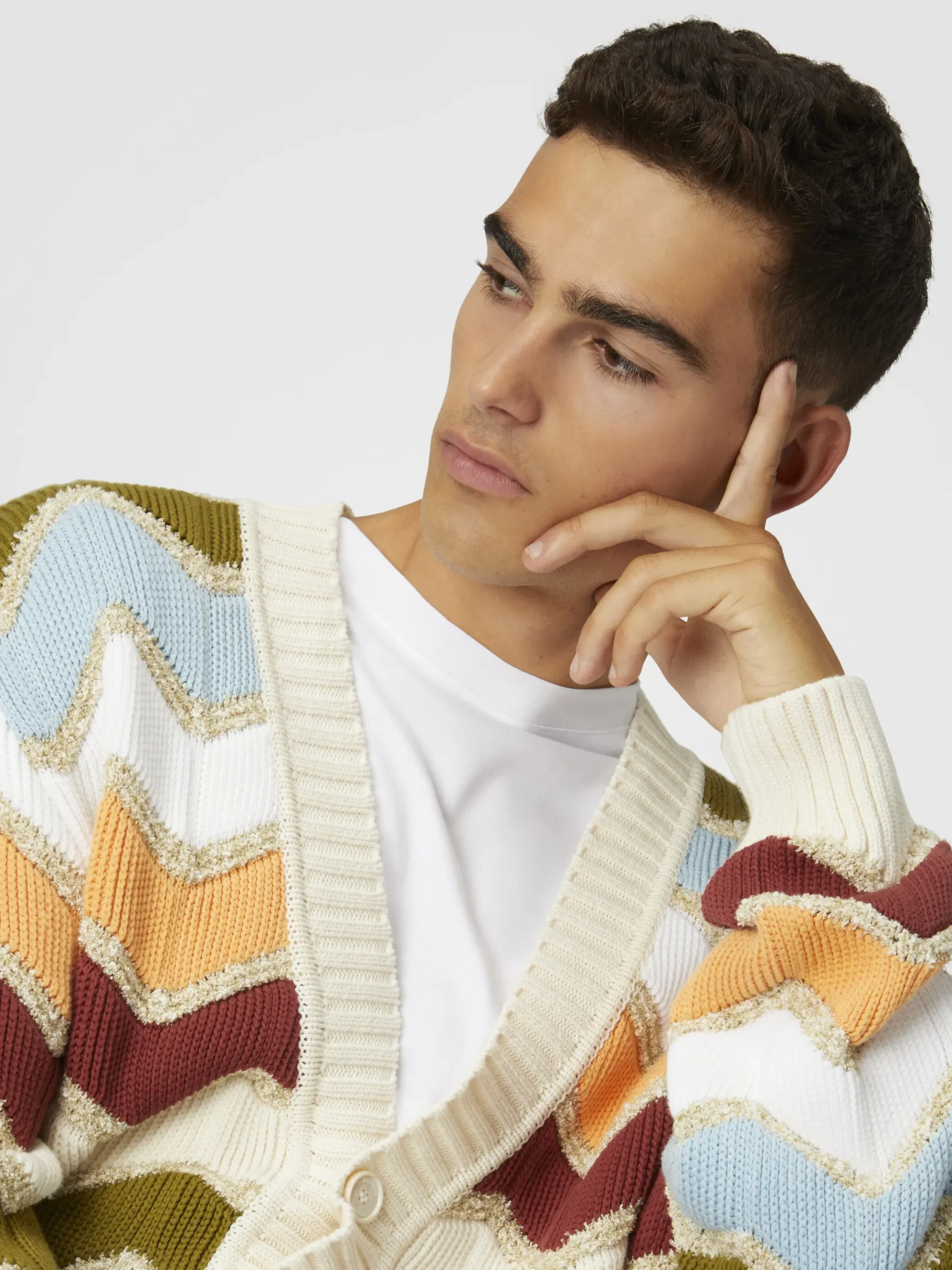 Cardigan con macro zig zag e dettagli mélange