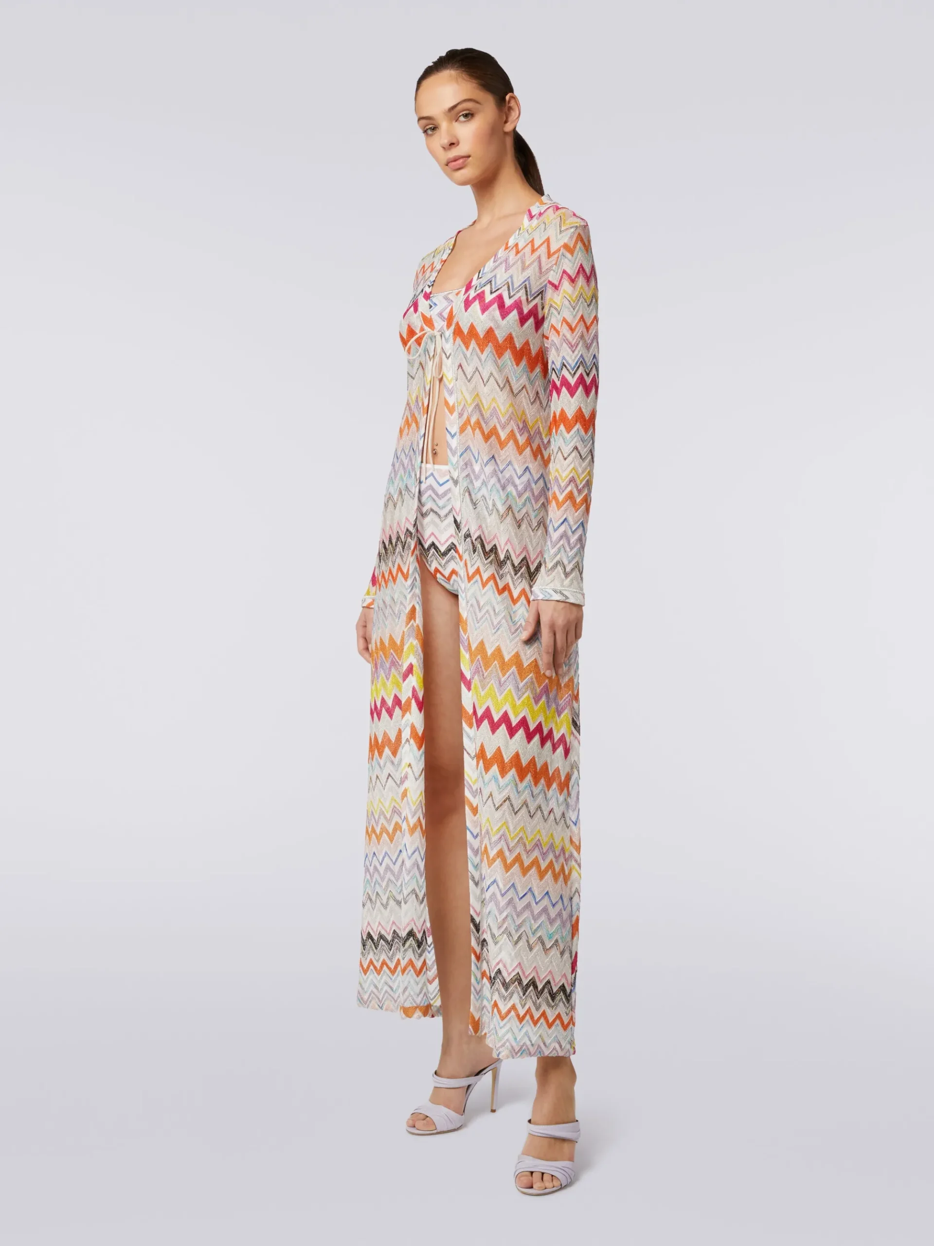 Cardigan copricostume lungo con motivo zig zag e lurex