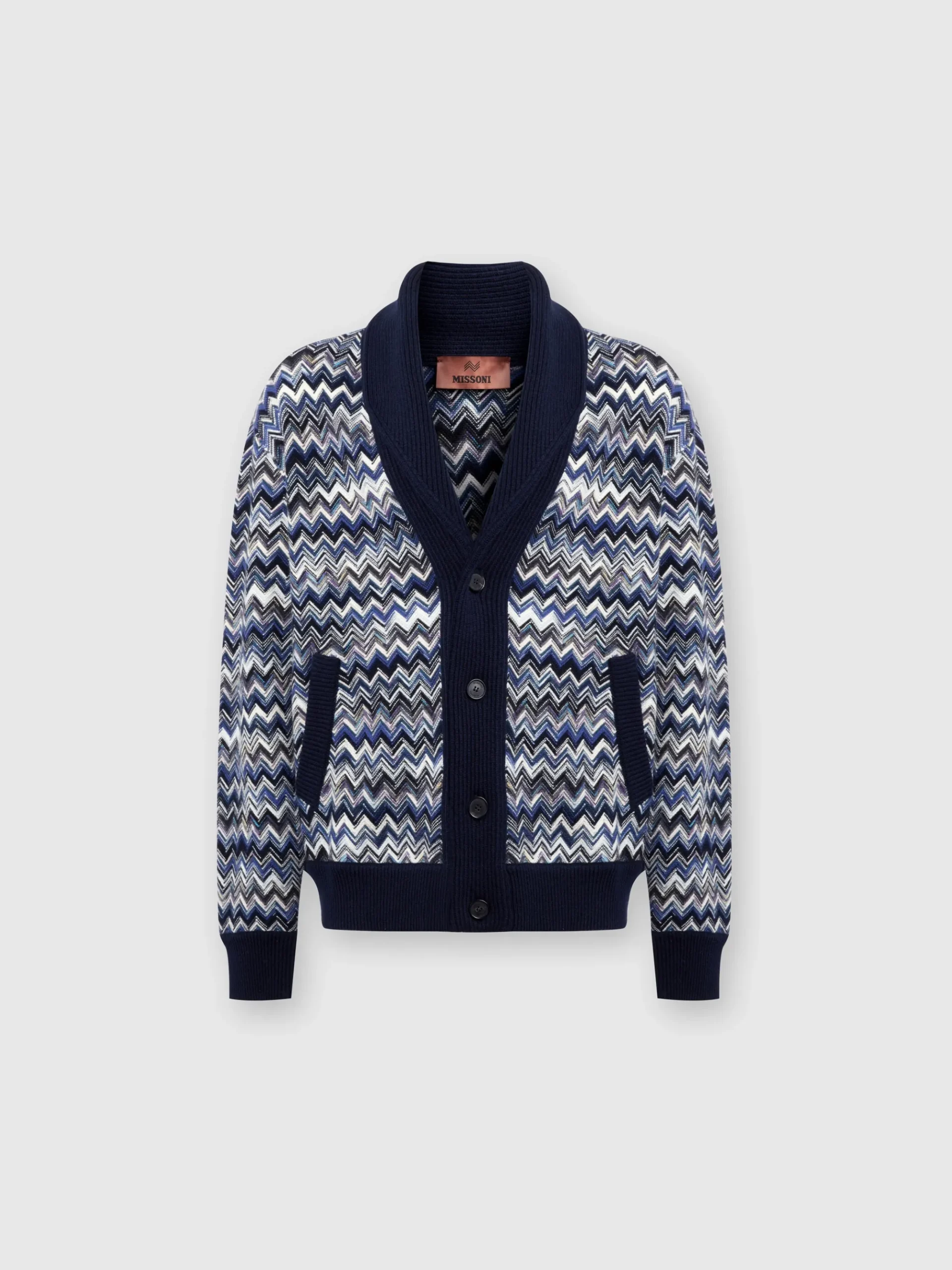 Cardigan in lana zig zag con collo sciallato