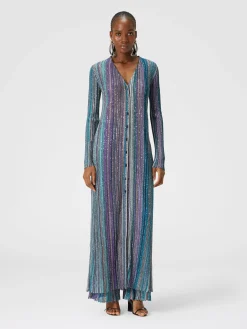Cardigan lungo a costine parzializzate con paillettes