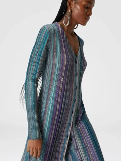 Cardigan lungo a costine parzializzate con paillettes