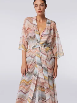 Copricostume lungo a vestaglia chevron con lurex