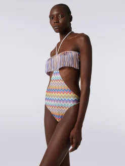 Costume intero con stampa zig zag e frange
