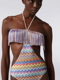 Costume intero con stampa zig zag e frange