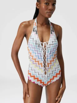 Costume intero in viscosa zig zag con lurex