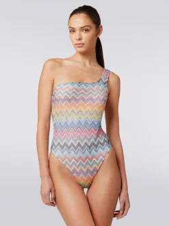 Costume intero monospalla con stampa zig zag e lurex
