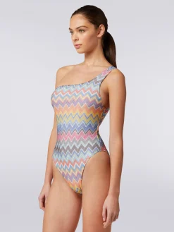 Costume intero monospalla con stampa zig zag e lurex