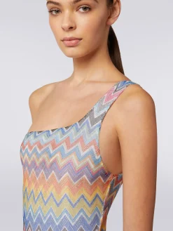 Costume intero monospalla con stampa zig zag e lurex