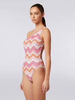 Costume intero monospalla in crochet chevron con lurex