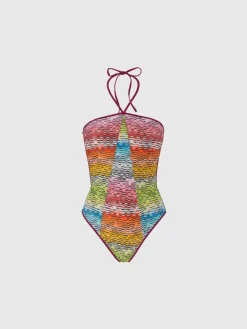 Costume intero reversibile con stampa e profili a contrasto