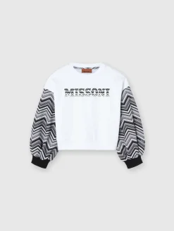 Felpa girocollo in cotone con maniche zig zag e logo