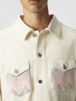 Giubbotto in denim con inserti in maglia chevron