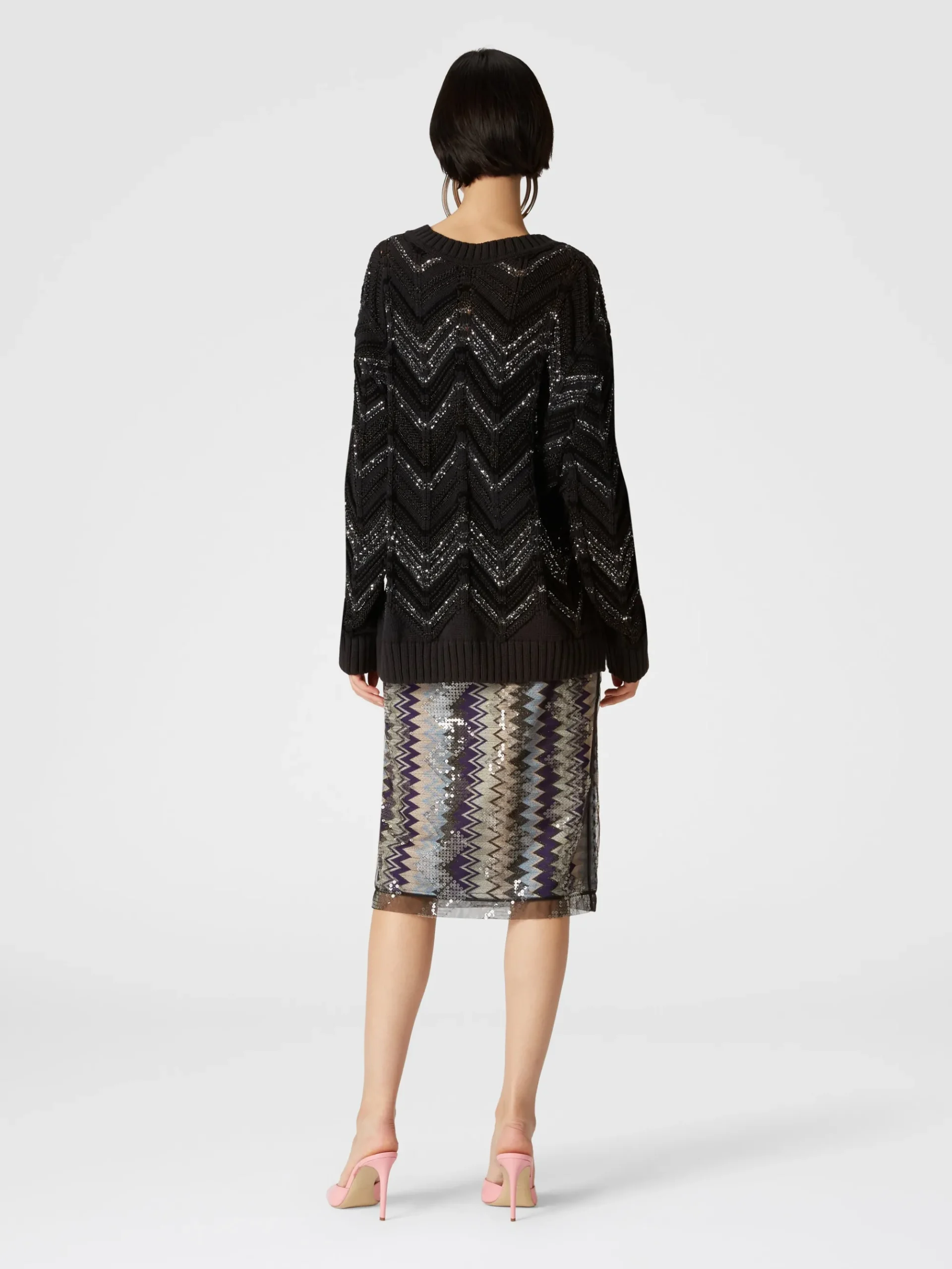 Gonna midi a tubo in tulle zig zag con paillettes