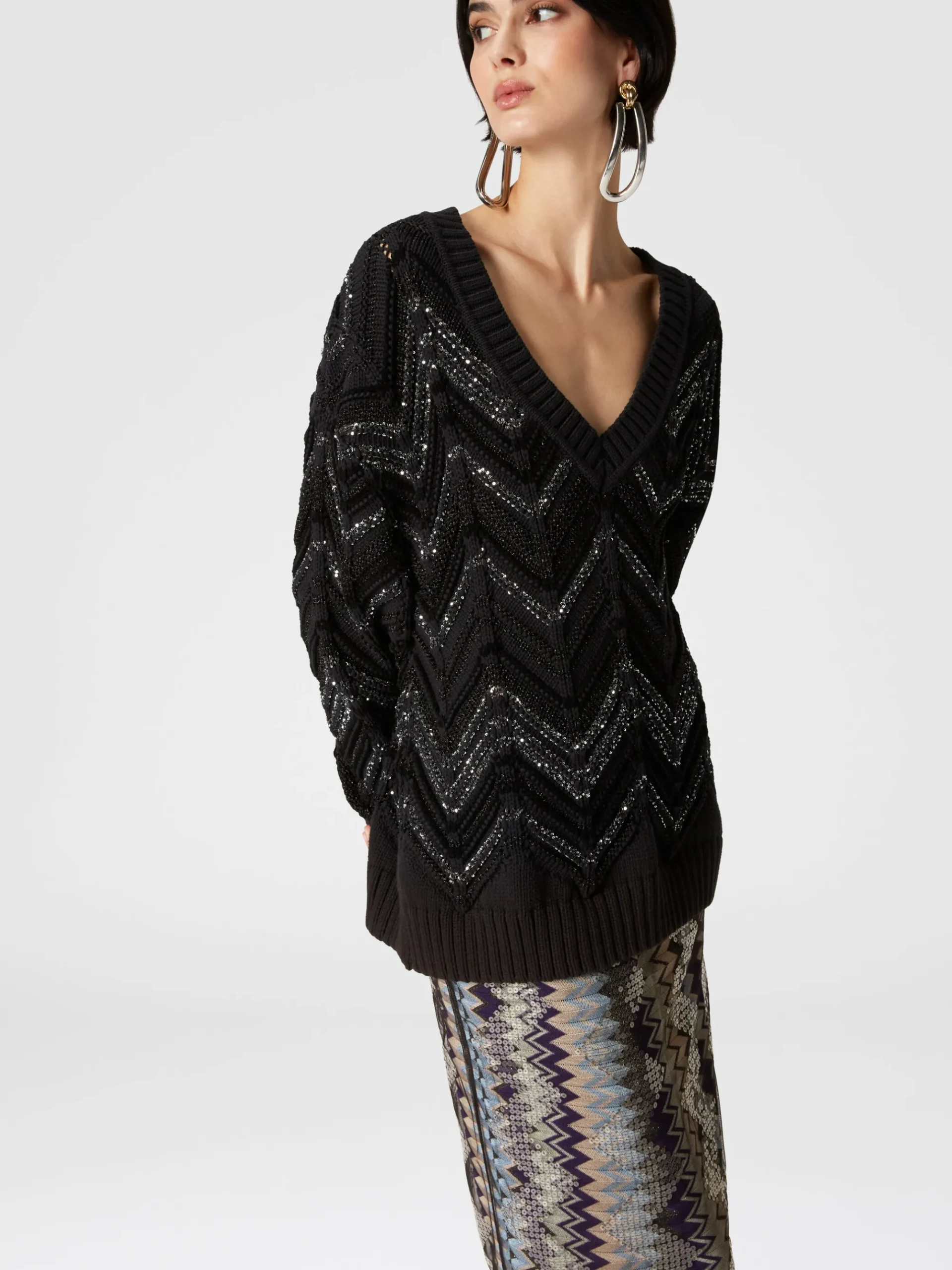 Gonna midi a tubo in tulle zig zag con paillettes