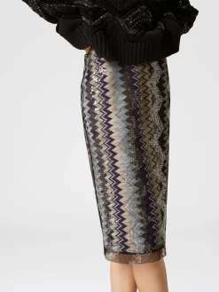 Gonna midi a tubo in tulle zig zag con paillettes