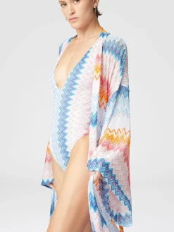 Kimono copricostume in misto viscosa zig zag lamé con cintura in vita