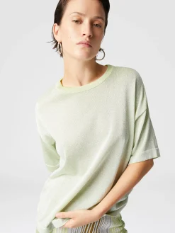 Maglia girocollo oversize in viscosa lamé con maniche cote