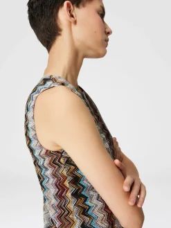 Mini-abito senza maniche in misto viscosa zig zag lamé