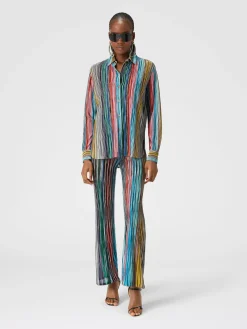 Pantaloni in maglia a costine fiammata con paillettes