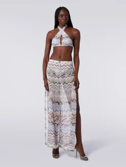 Pantaloni in maglia di viscosa a rete zig zag con lurex
