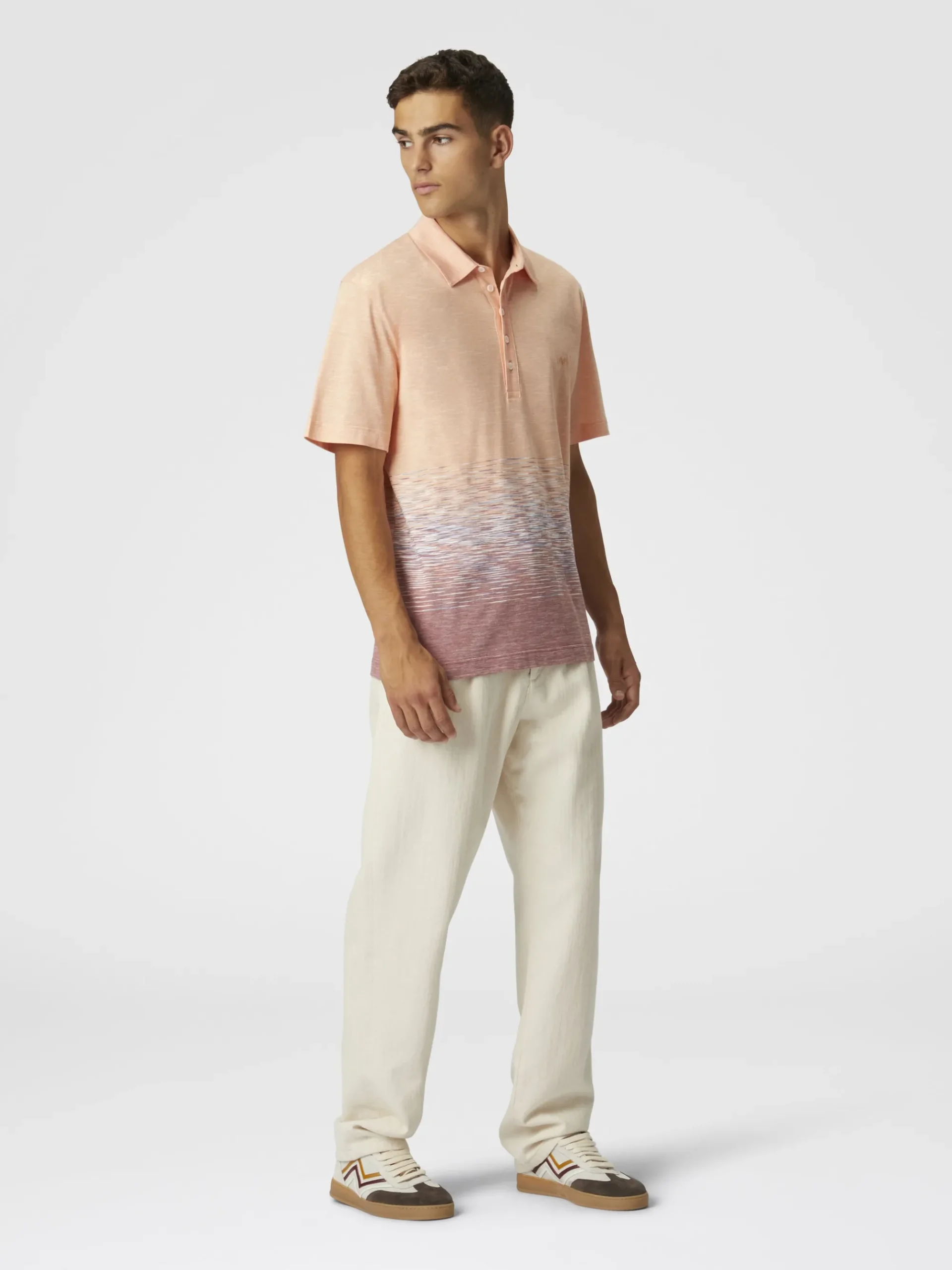 Polo in cotone e lino fiammato con ricamo zig zag