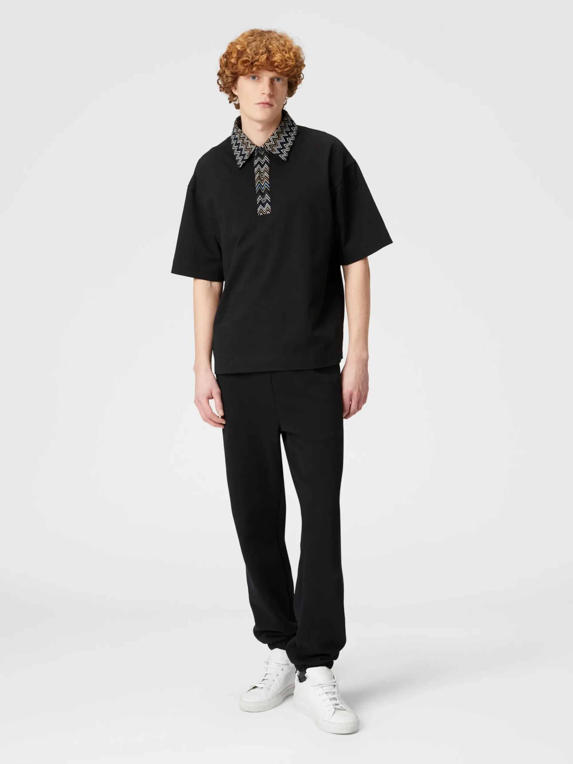 Polo in jersey di cotone con inserti in maglia chevron