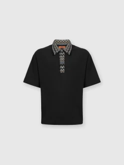 Polo in jersey di cotone con inserti in maglia chevron
