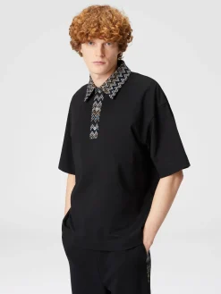 Polo in jersey di cotone con inserti in maglia chevron