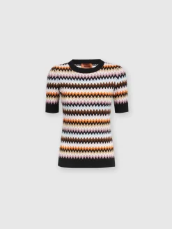Pullover girocollo a maniche corte in lana zig zag