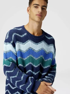 Pullover girocollo con macro zig zag e dettagli mélange
