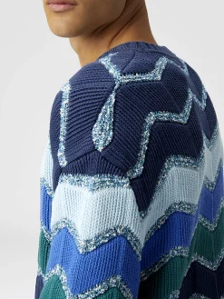 Pullover girocollo con macro zig zag e dettagli mélange