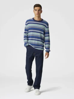 Pullover girocollo in cotone con micro zig zag e profili a contrasto