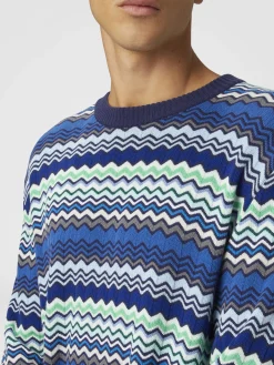 Pullover girocollo in cotone con micro zig zag e profili a contrasto