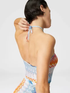 Top in misto viscosa zig zag lamé con scollo all'americana