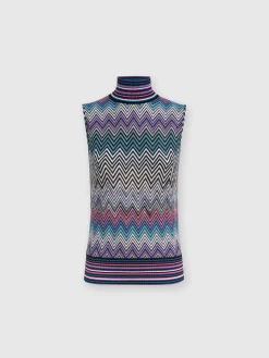 Top senza maniche a collo alto in lana zig zag